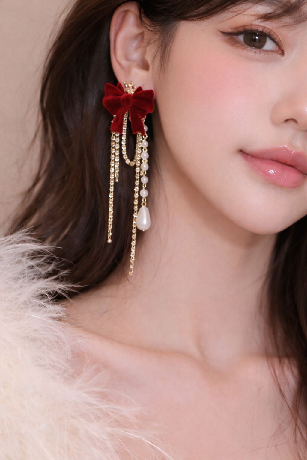 Ruby Bow Gold Tassel Earrings with Pearls and Rhinestones