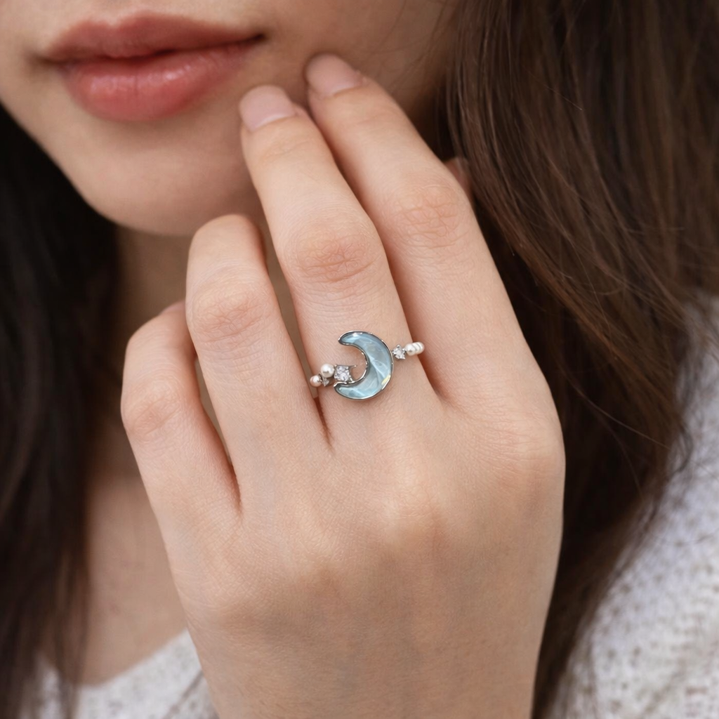 Celestial Pearl Moon Ring in Aqua Blue