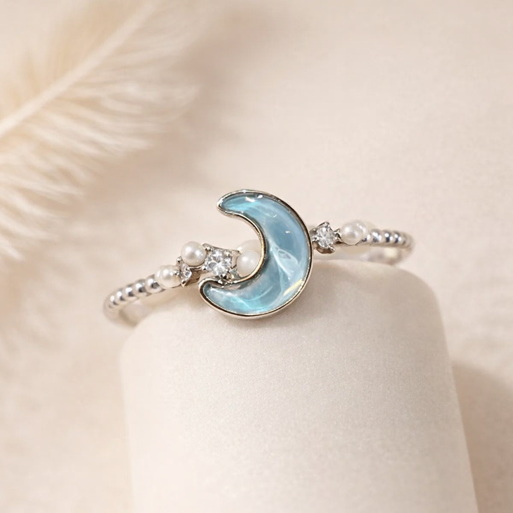 Celestial Pearl Moon Ring in Aqua Blue