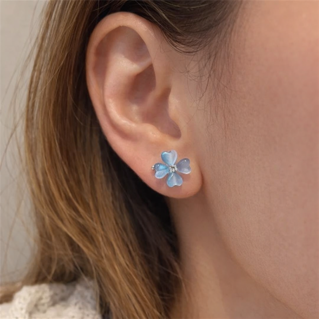 Blue Heart Petal Clover Stud Earrings