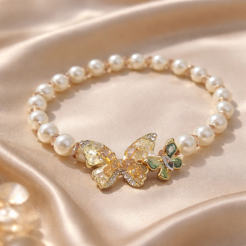 Champagne Crystal Butterfly Pearl Bracelet