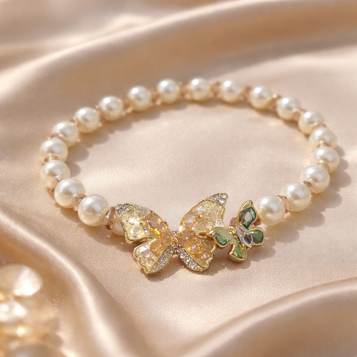 Champagne Crystal Butterfly Pearl Bracelet