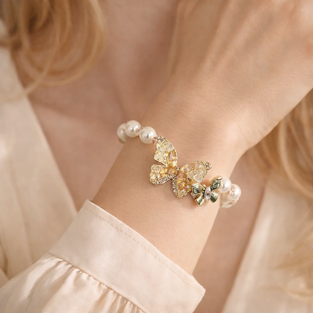 Champagne Crystal Butterfly Pearl Bracelet