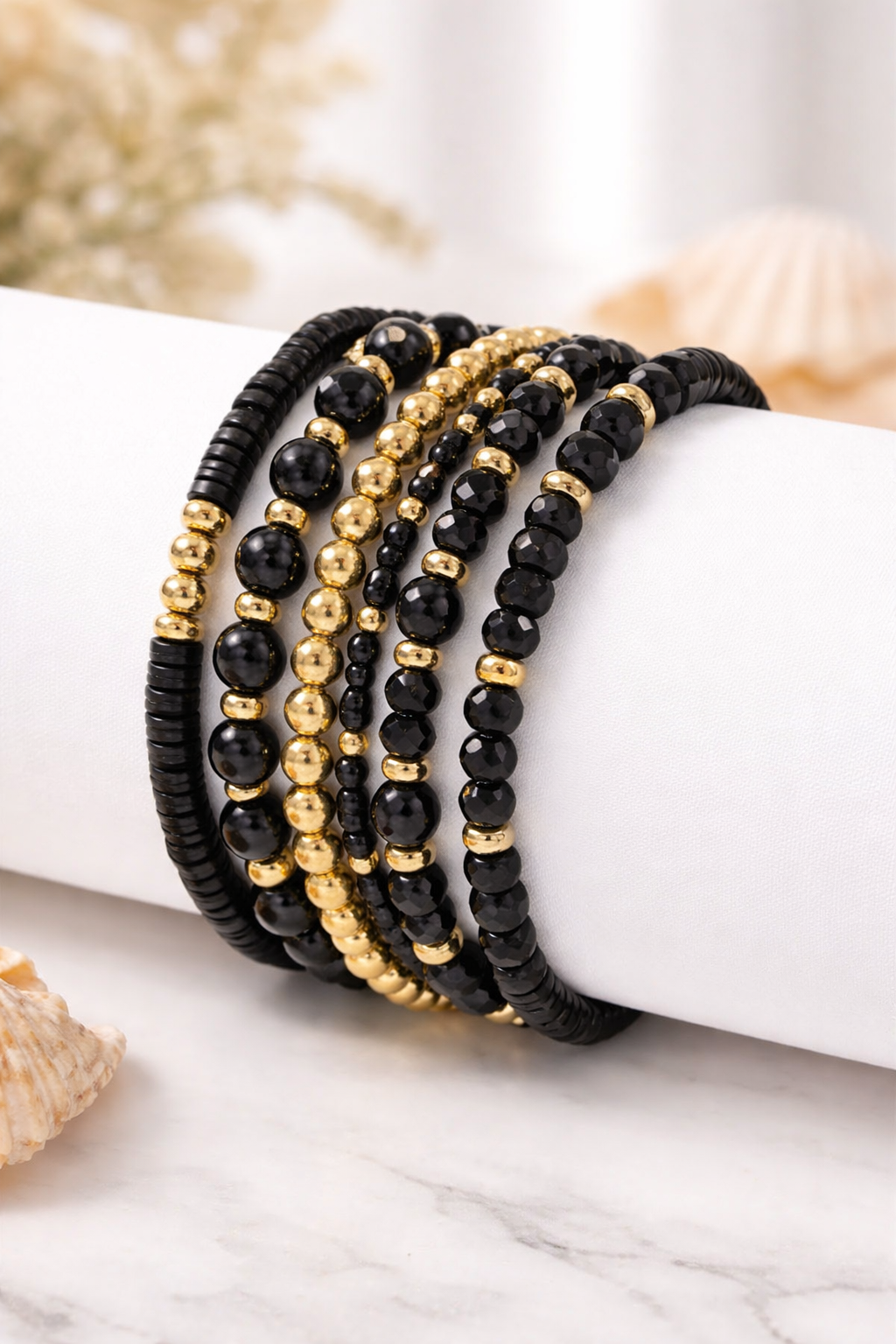 Midnight Gold Beaded Bracelet Stack