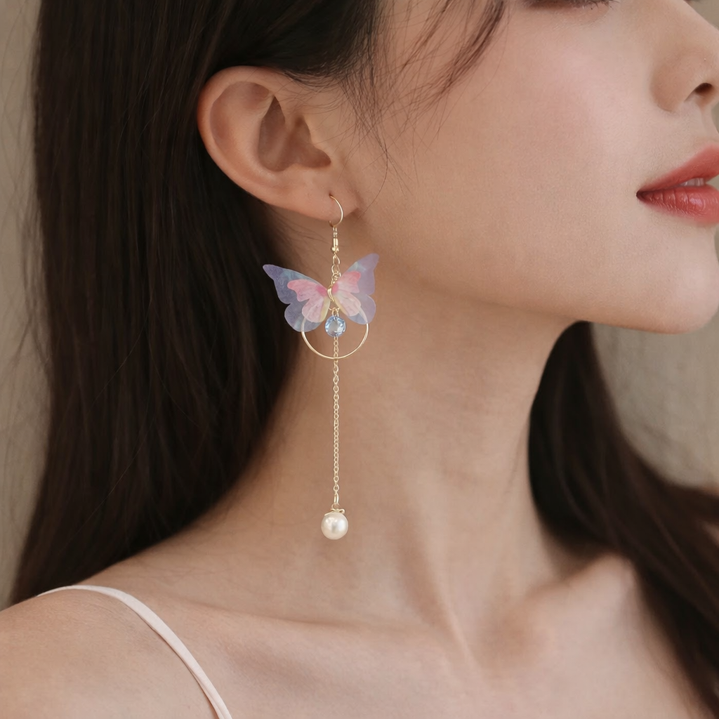 Flutterloop Butterfly Drop Earrings with Pearls and Crystal Charms