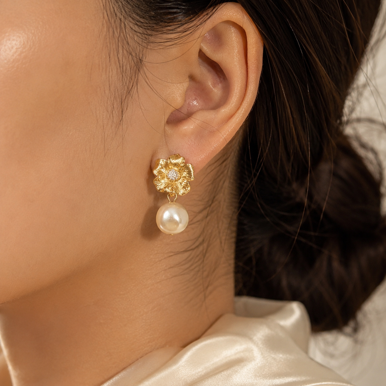 Golden Pearl Bloom Drop Earrings
