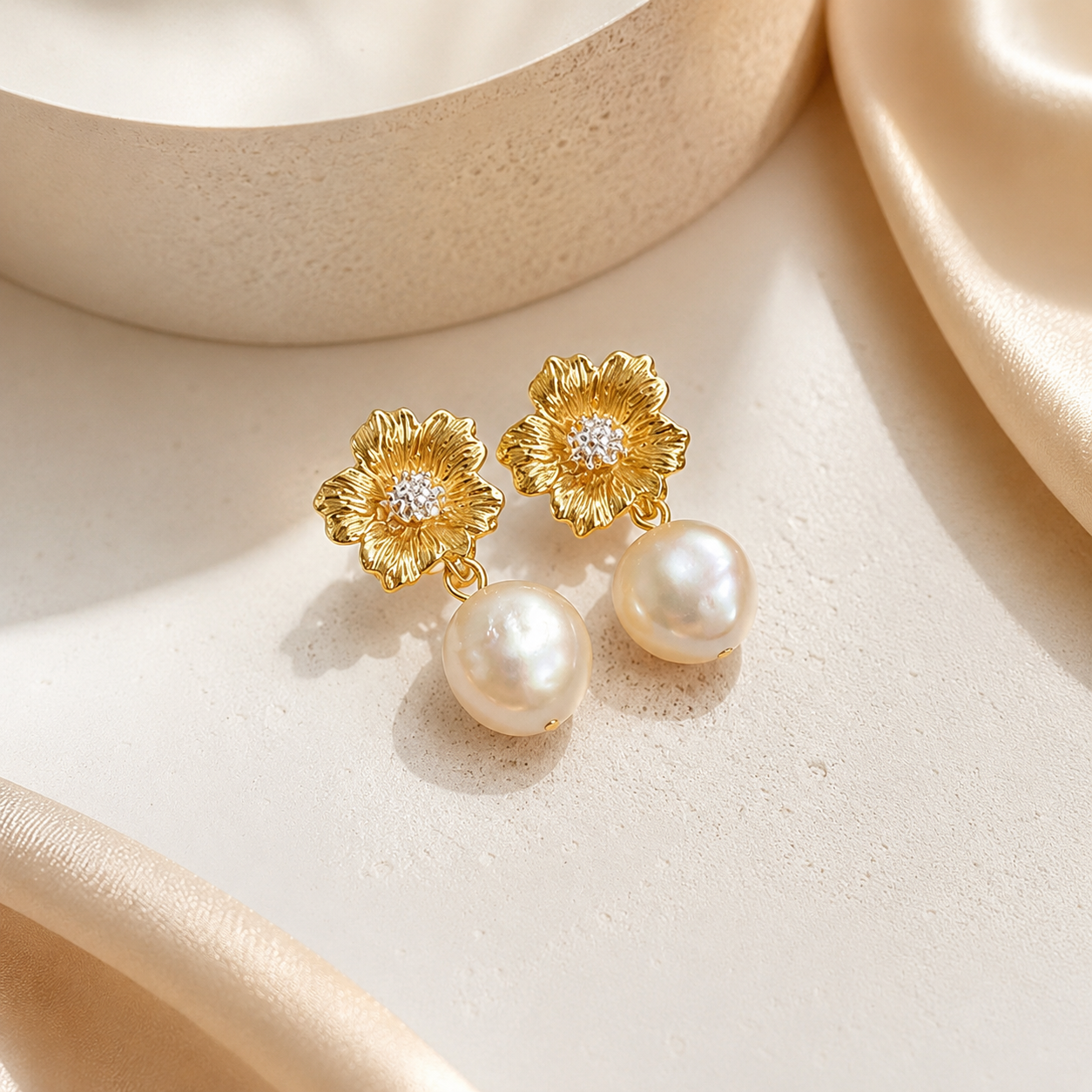 Golden Pearl Bloom Drop Earrings