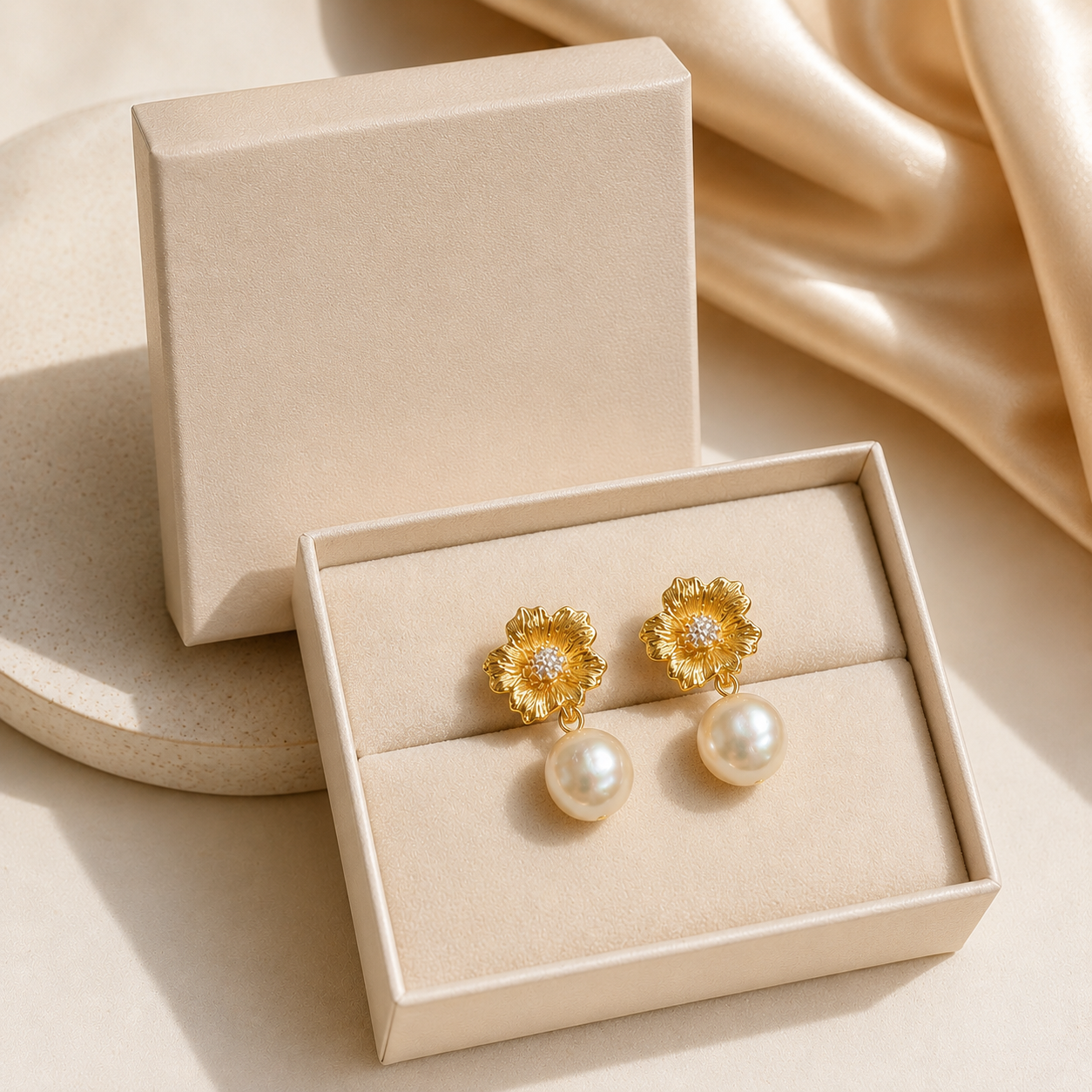 Golden Pearl Bloom Drop Earrings