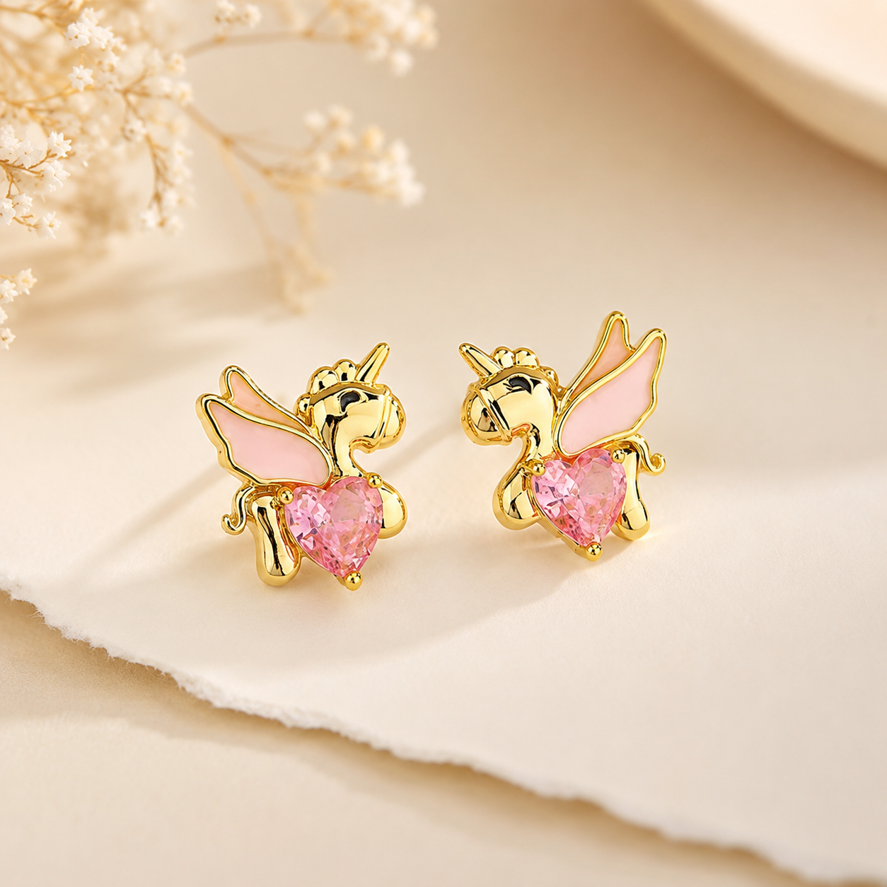 Pink Unicorn Heart Studs