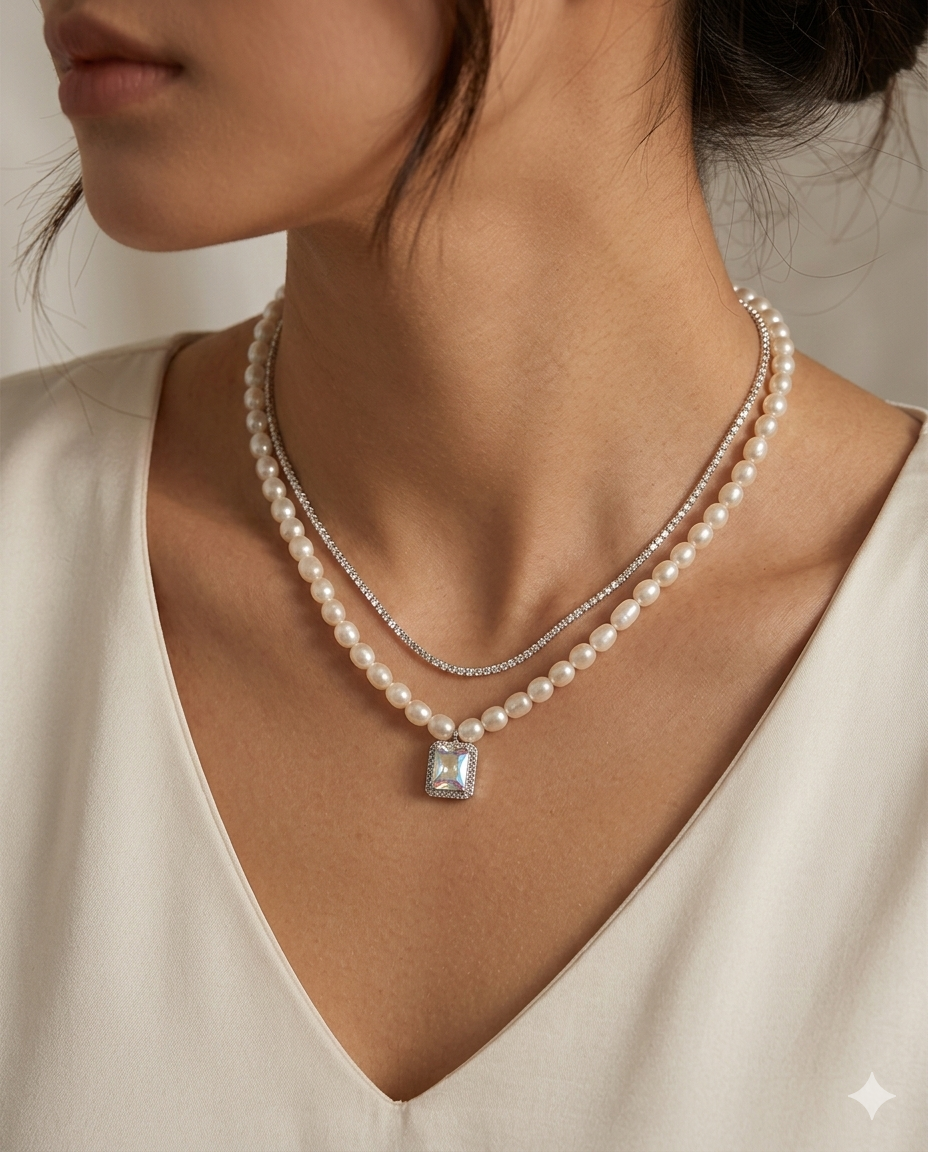 Crystal Pearl Layer Necklace