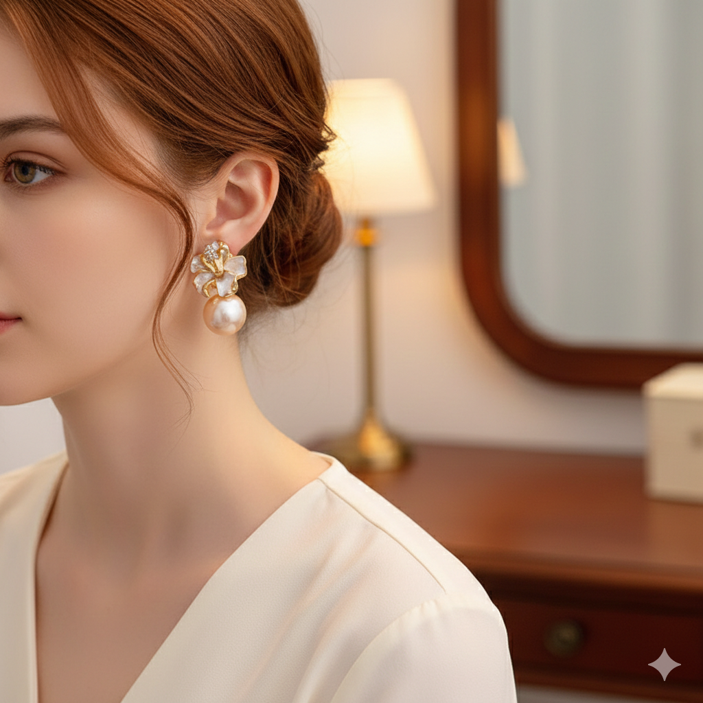 Vintage Bloom Pearl Stud Earrings