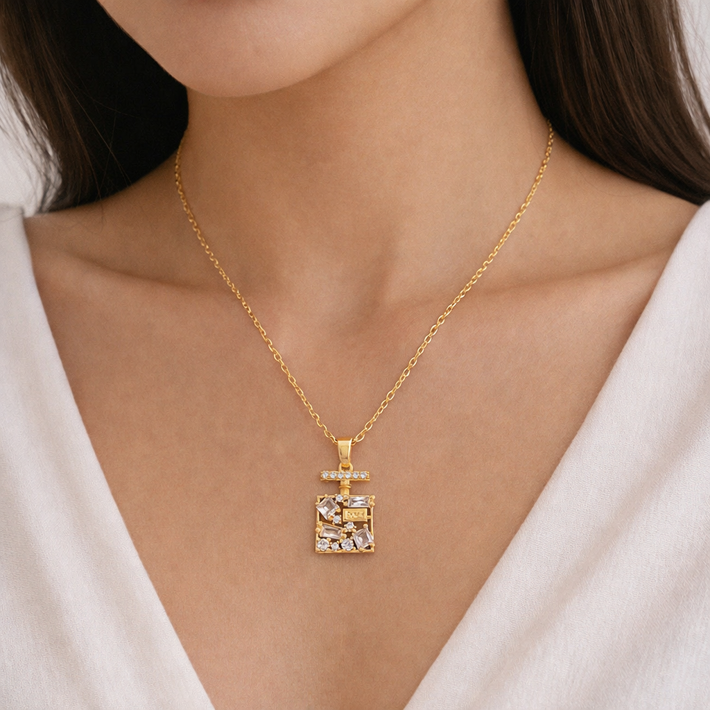 Golden Elixir Perfume Bottle Charm Necklace