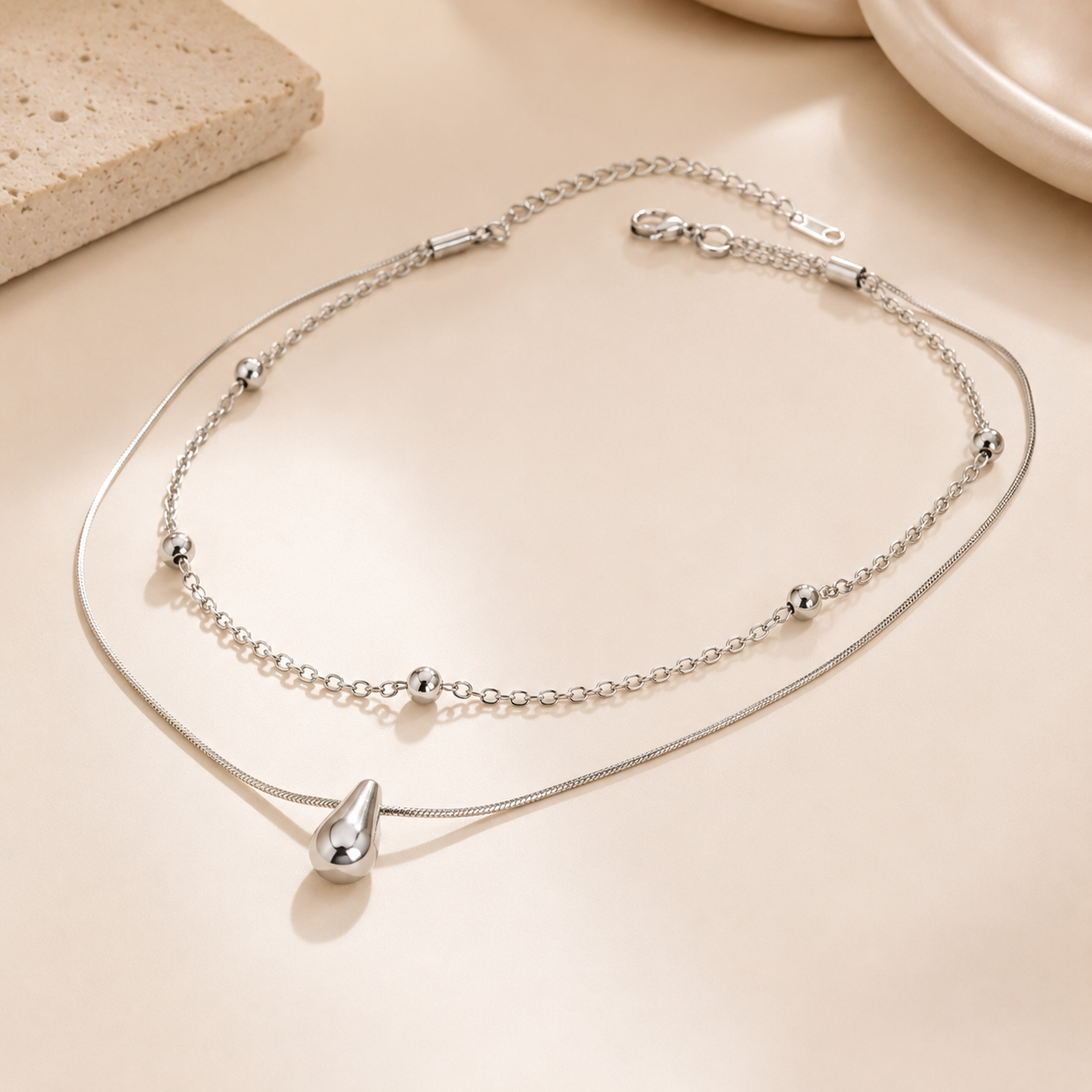 Silver Drop Duo Layer Necklace