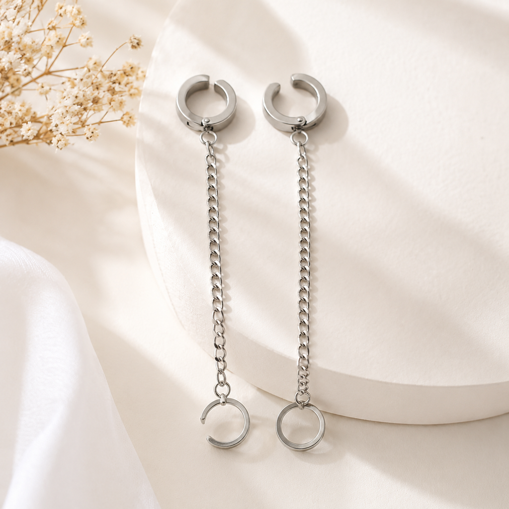 Non-Piercing Silver Chain Earrings