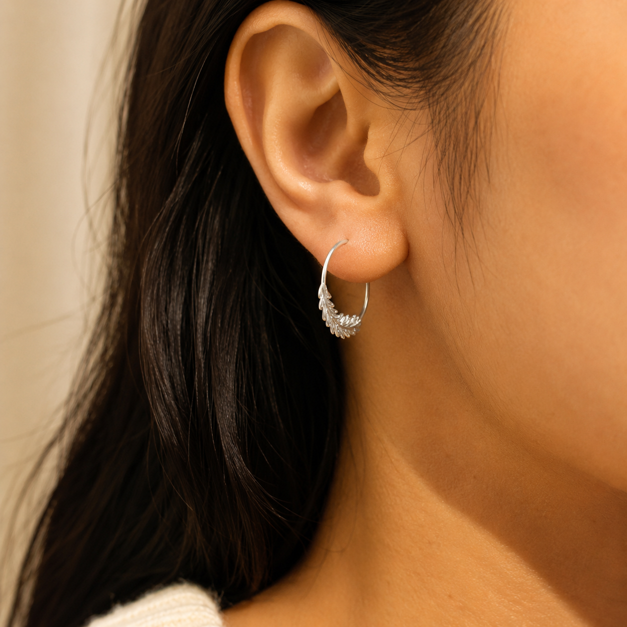 Silver Leaf Hoop Earrings