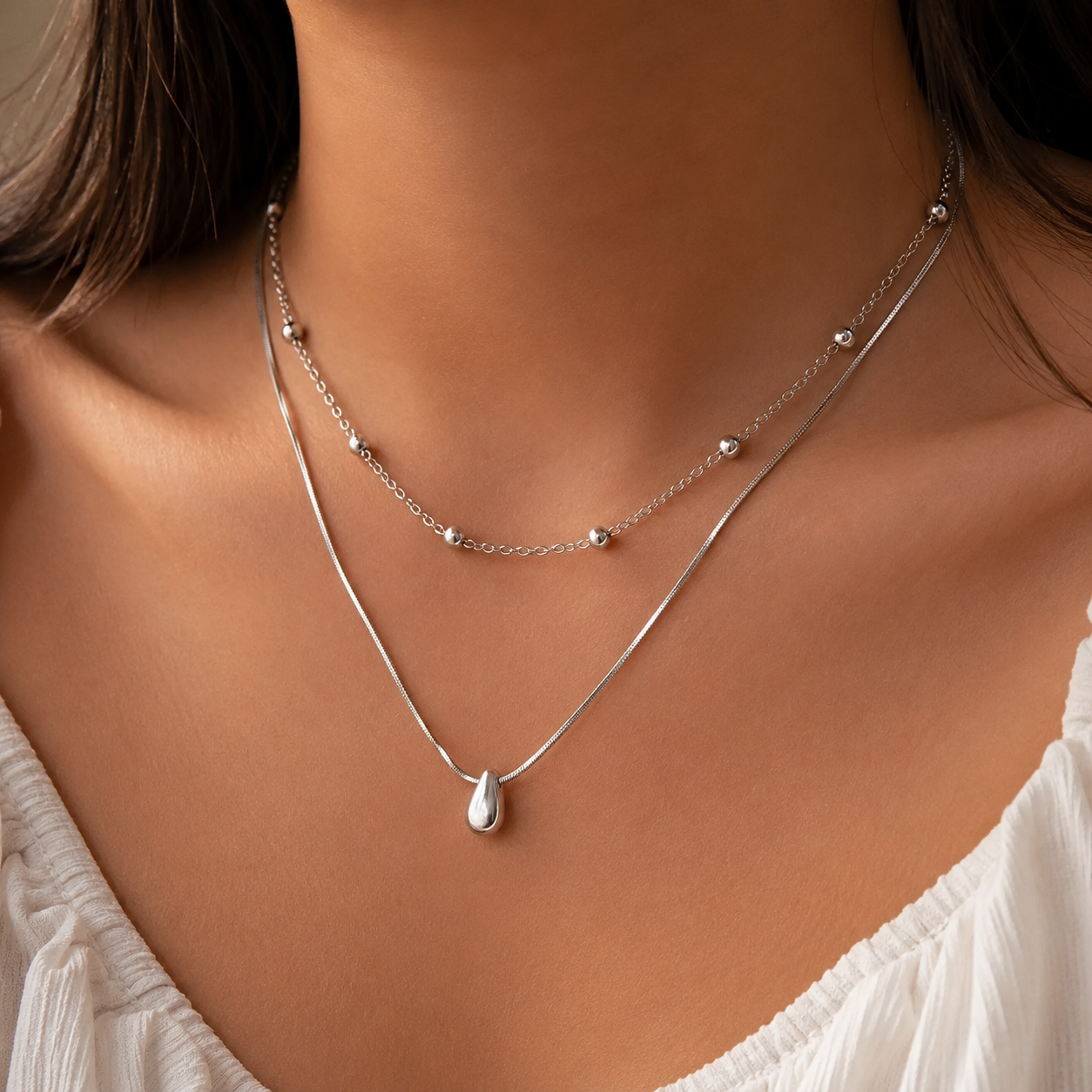 Silver Drop Duo Layer Necklace
