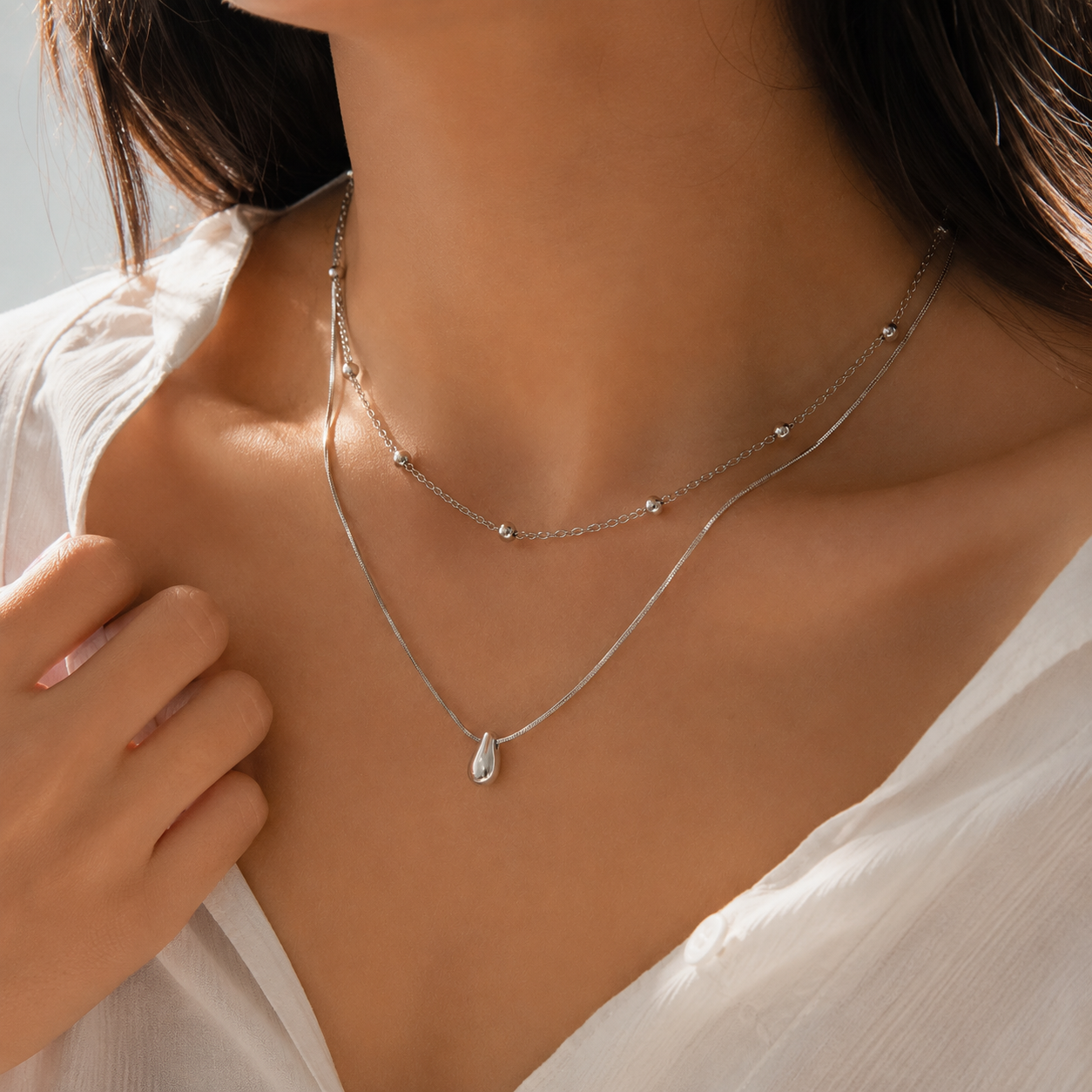 Silver Drop Duo Layer Necklace